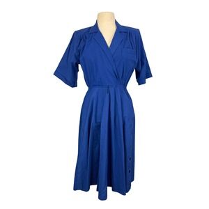 Darian Vintage Royal Blue Cotton Wrap Midi Dress Short Sleeve Side Button Sz 8